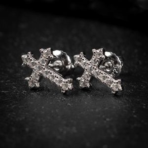 925 Sterling Silver Small Iced Cz Men Cross Stud Screw Back Earrings